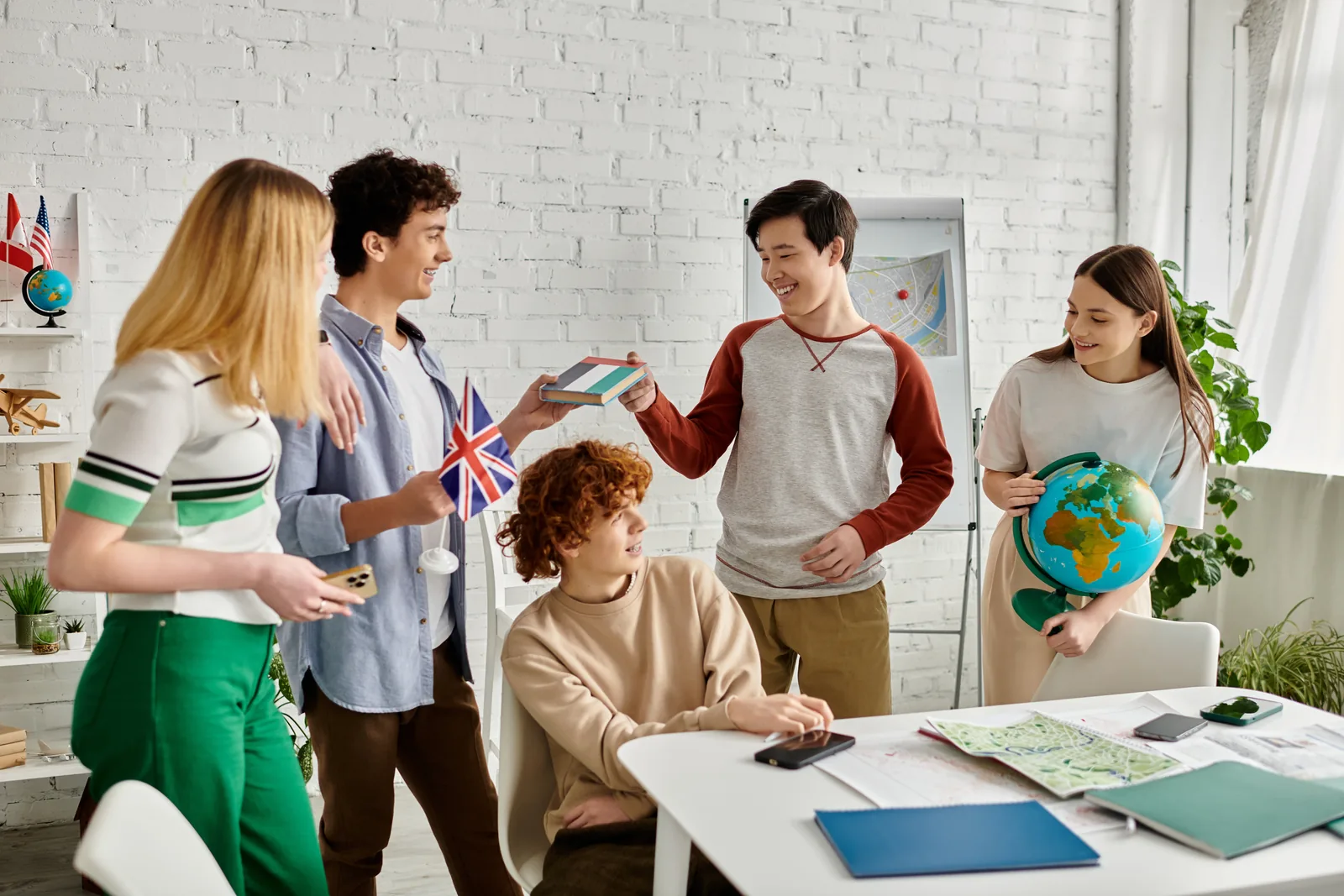 Teen students working together around a classroom table