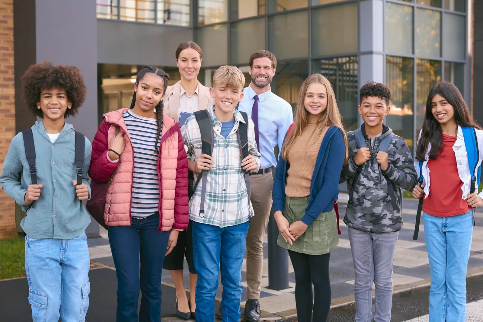 Students and teachers standing outside a public high school
